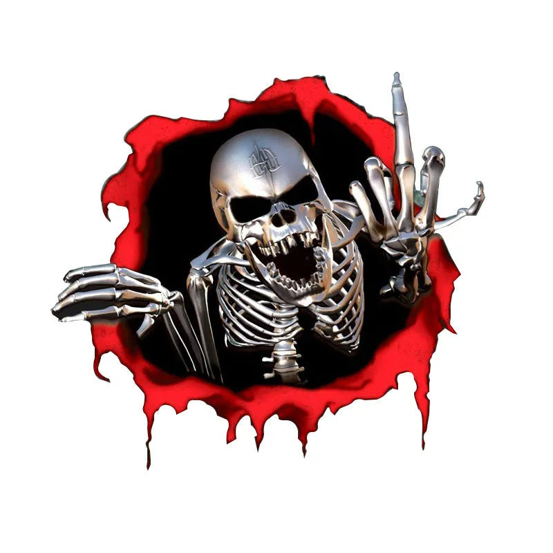 Printed reflective colourful broken shell and metal skull design car sticker measuring 15cm by 14cm.