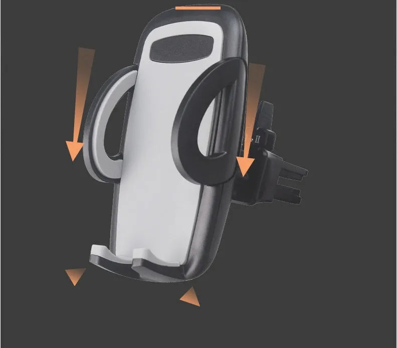 Black plastic mobile phone holder mounted on car air conditioning vent
