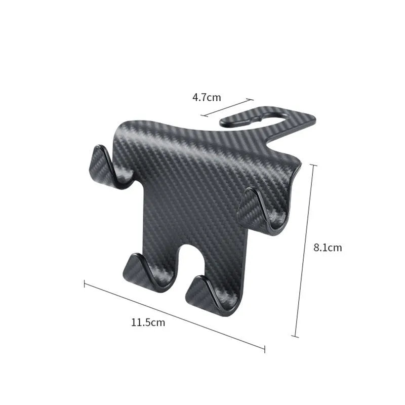 Black ABS car storage hook with carbon fibre pattern, combining a bag hook and mobile phone holder for rear seat installation.