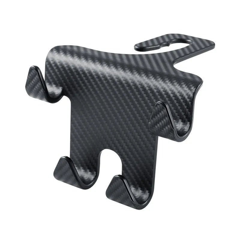 Black ABS car storage hook with carbon fibre pattern, combining a bag hook and mobile phone holder for rear seat installation.