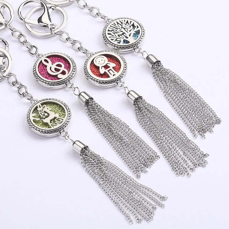 Alloy tassel car pendant air freshener hanging from a rear-view mirror on a 50cm chain