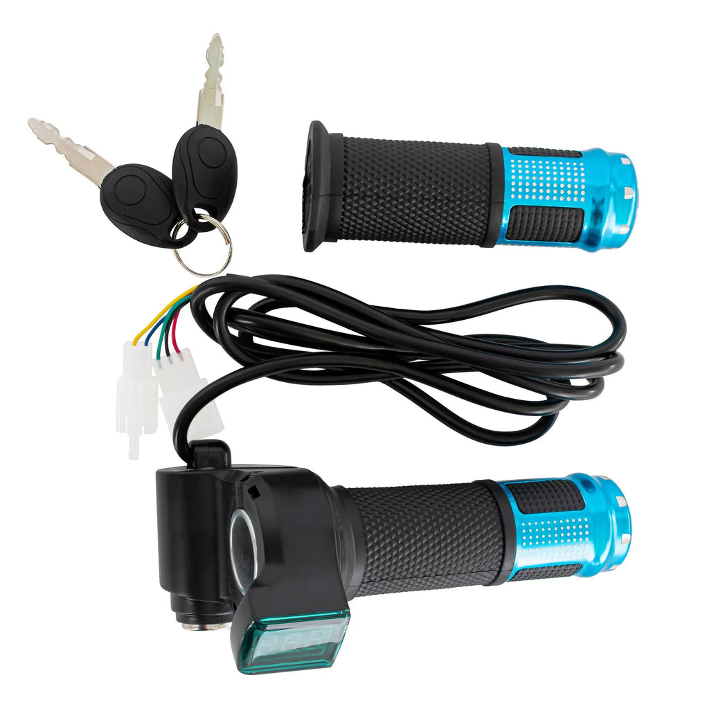 Electric vehicle handlebar section in blue, red, silver, or yellow colours with visible wiring connections