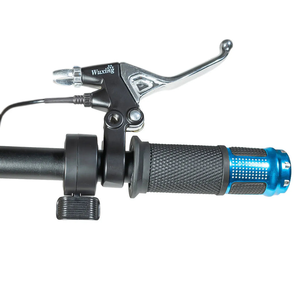 Electric vehicle handlebar section in blue, red, silver, or yellow colours with visible wiring connections
