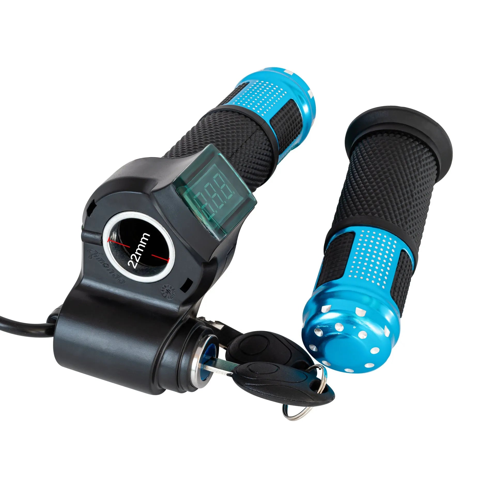 Electric vehicle handlebar section in blue, red, silver, or yellow colours with visible wiring connections