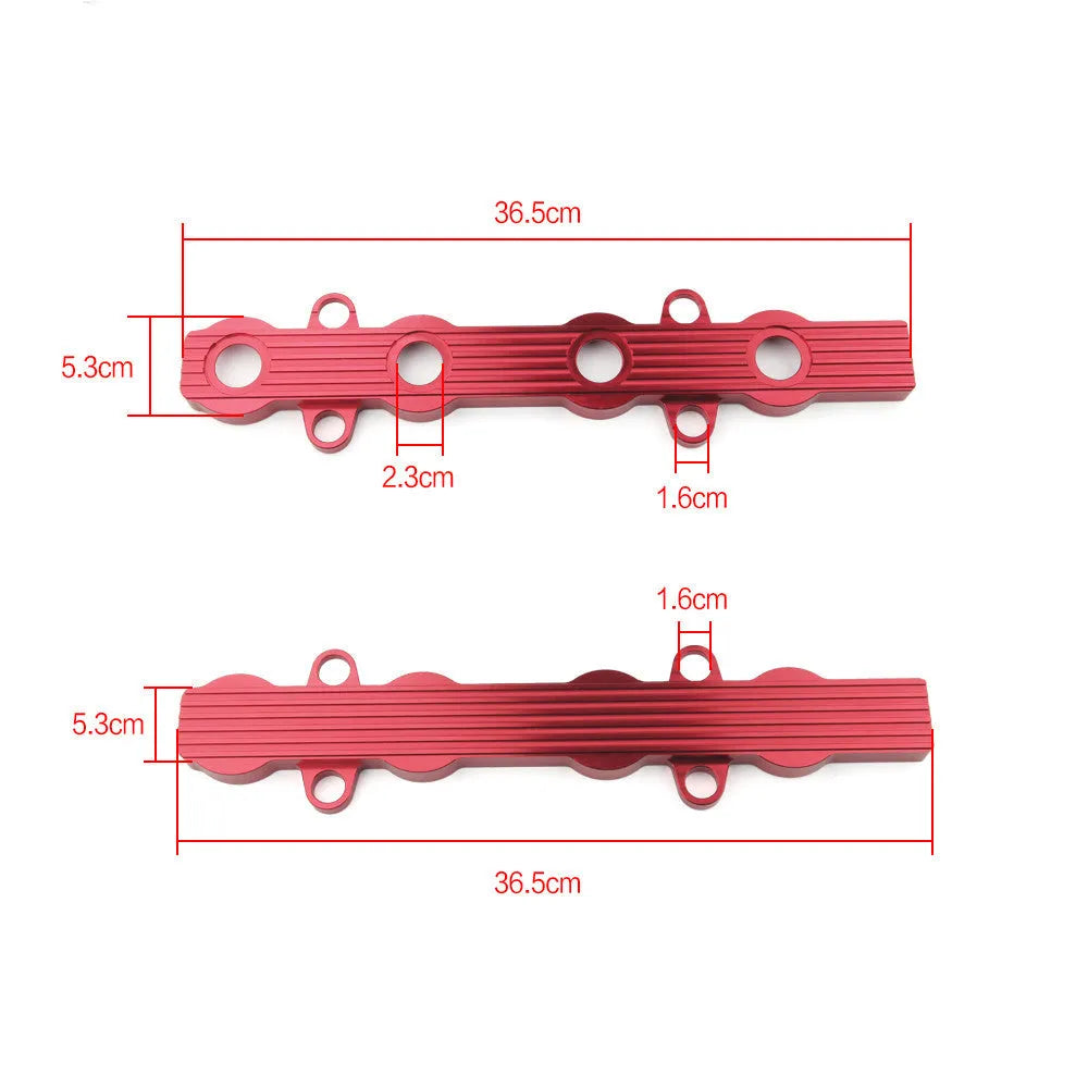 Aluminium alloy engine harness housing cover in blue, red, and silver colours, showing versions with and without holes.