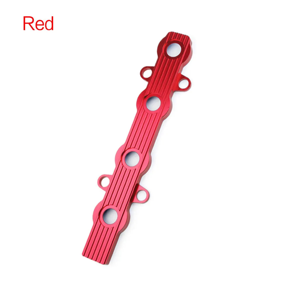 Aluminium alloy engine harness housing cover in blue, red, and silver colours, showing versions with and without holes.