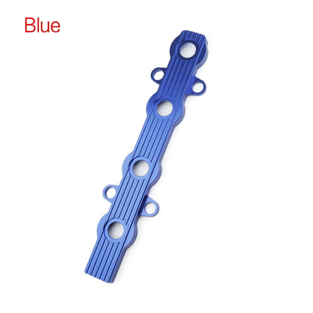 Aluminium alloy engine harness housing cover in blue, red, and silver colours, showing versions with and without holes.