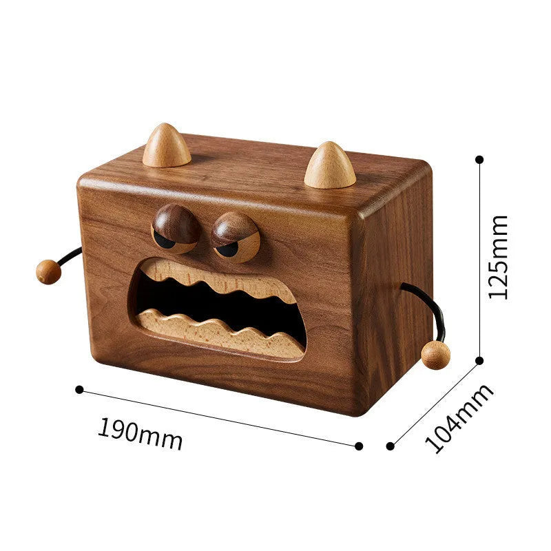 Cartoon monster design wooden tissue box in walnut beech finish, 190mm long