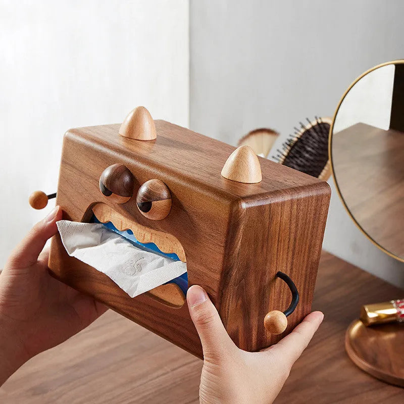 Cartoon monster design wooden tissue box in walnut beech finish, 190mm long