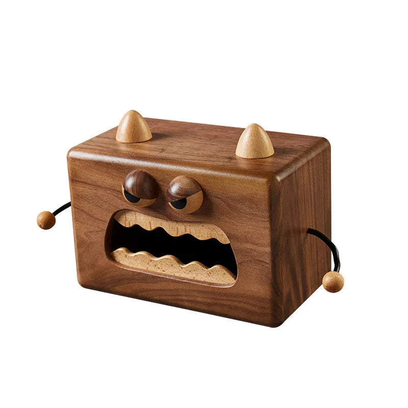 Cartoon monster design wooden tissue box in walnut beech finish, 190mm long