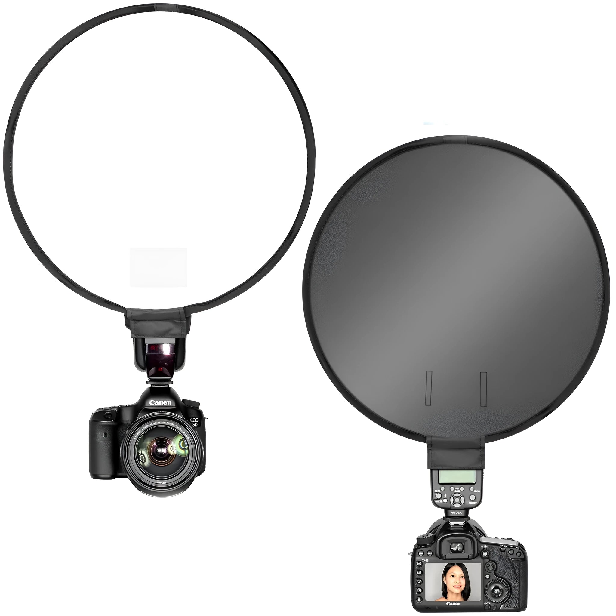 On-camera flash ring soft diffuser with reflective cloth and alloy strip, 30cm size on speedlight