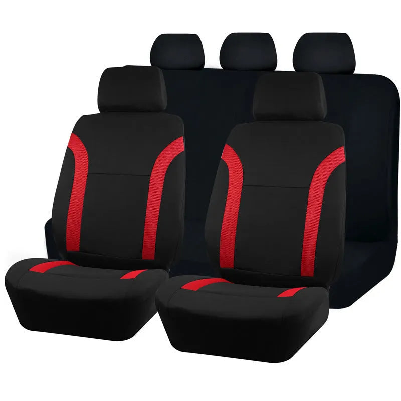 Polyester car seat cover set with eyelet stitching in blue, showing headrest and seat covers with sponge padding.