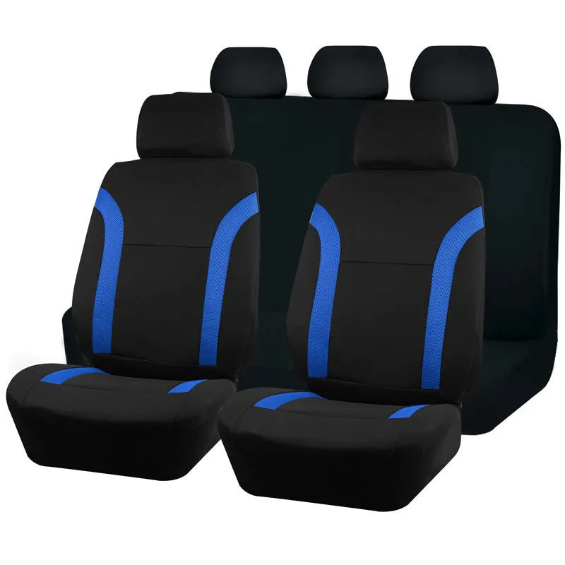 Polyester car seat cover set with eyelet stitching in blue, showing headrest and seat covers with sponge padding.