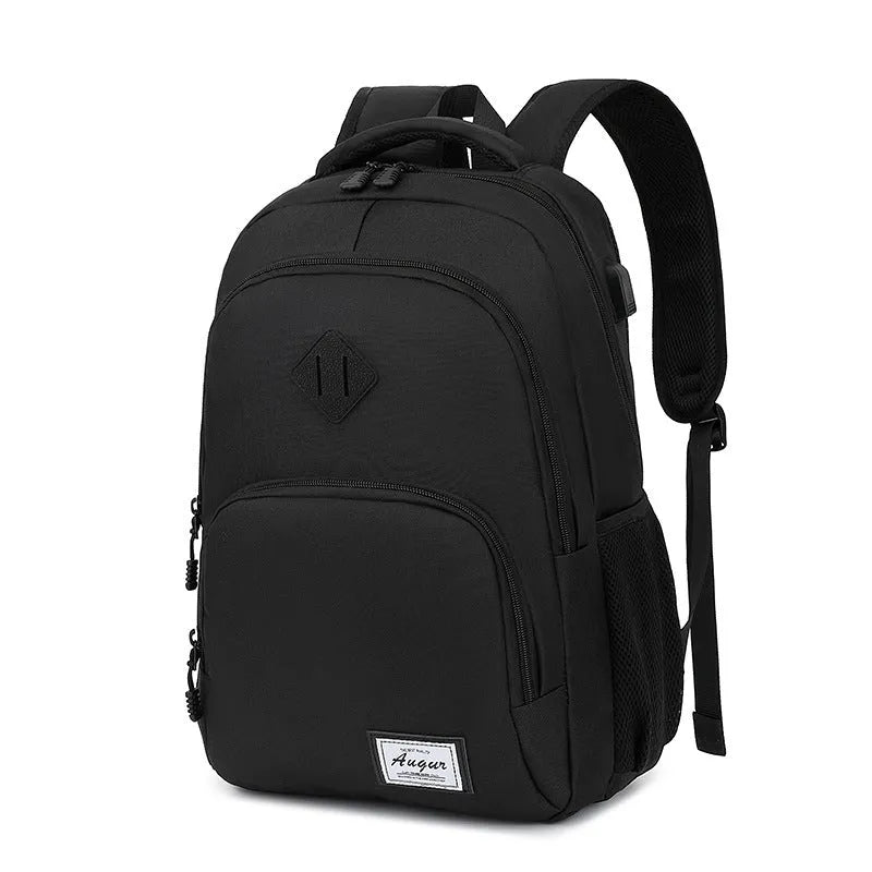 Grey nylon backpack with USB charging port and trolley case strap showing 32x15x46cm dimensions