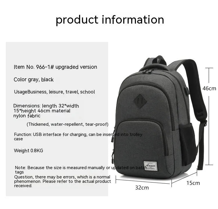 Grey nylon backpack with USB charging port and trolley case strap showing 32x15x46cm dimensions