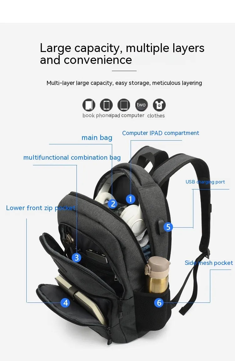 Grey nylon backpack with USB charging port and trolley case strap showing 32x15x46cm dimensions
