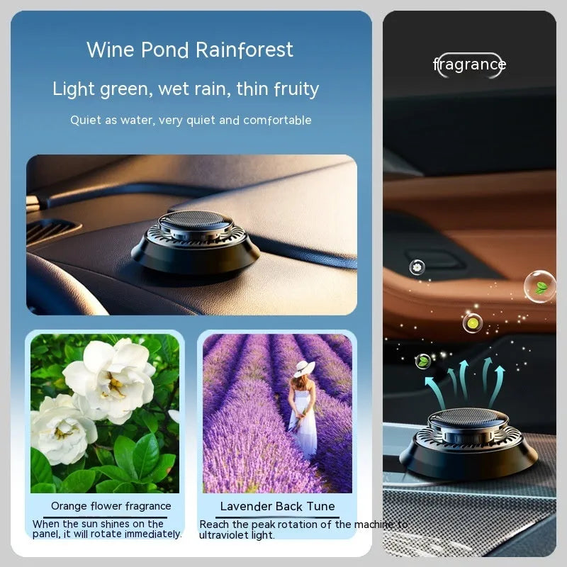 Solar-powered kinetic car air freshener with double-ring rotating mechanism in black plastic housing