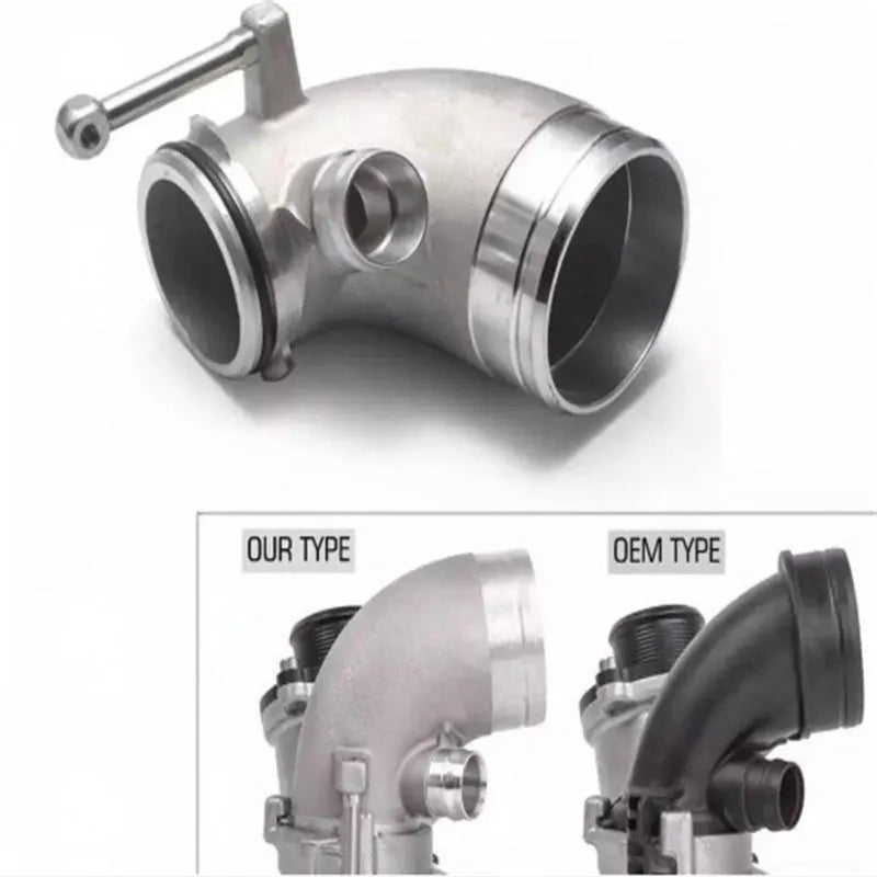 Black aluminium 90 degree turbo elbow connector for lateral engine positioning