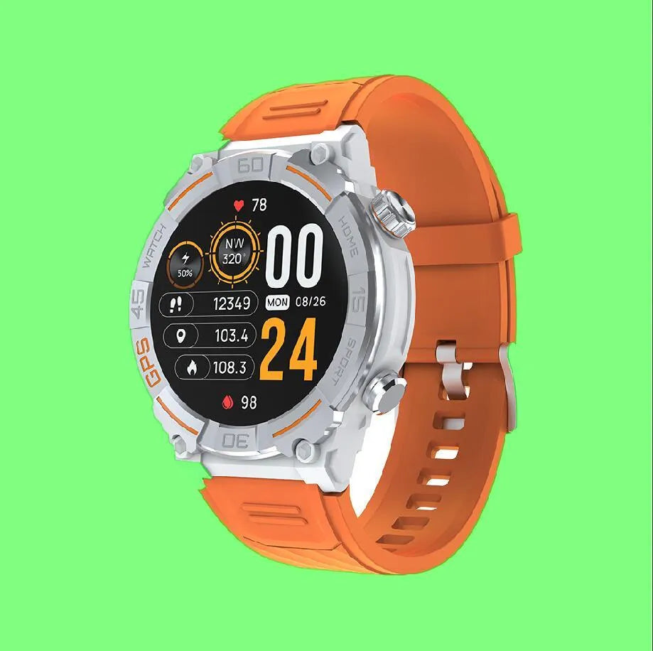 MG02 smart watch in black, khaki, or silver orange with TFT touchscreen and strap.