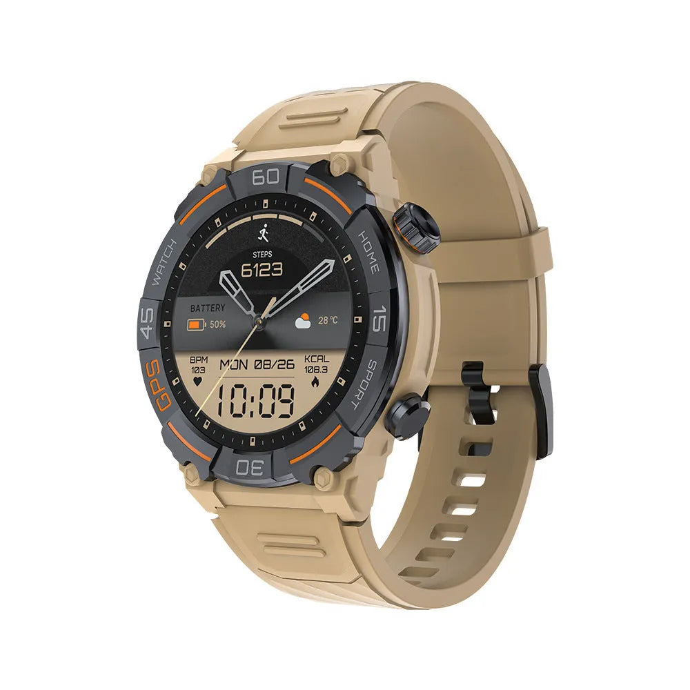 MG02 smart watch in black, khaki, or silver orange with TFT touchscreen and strap.