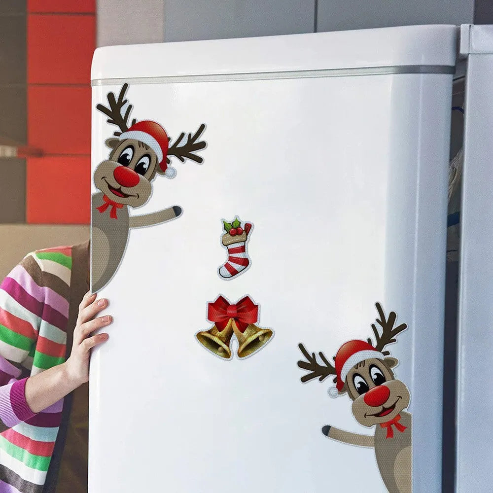 Christmas cartoon elk and bell magnetic car bumper stickers with luminous reflective surfaces