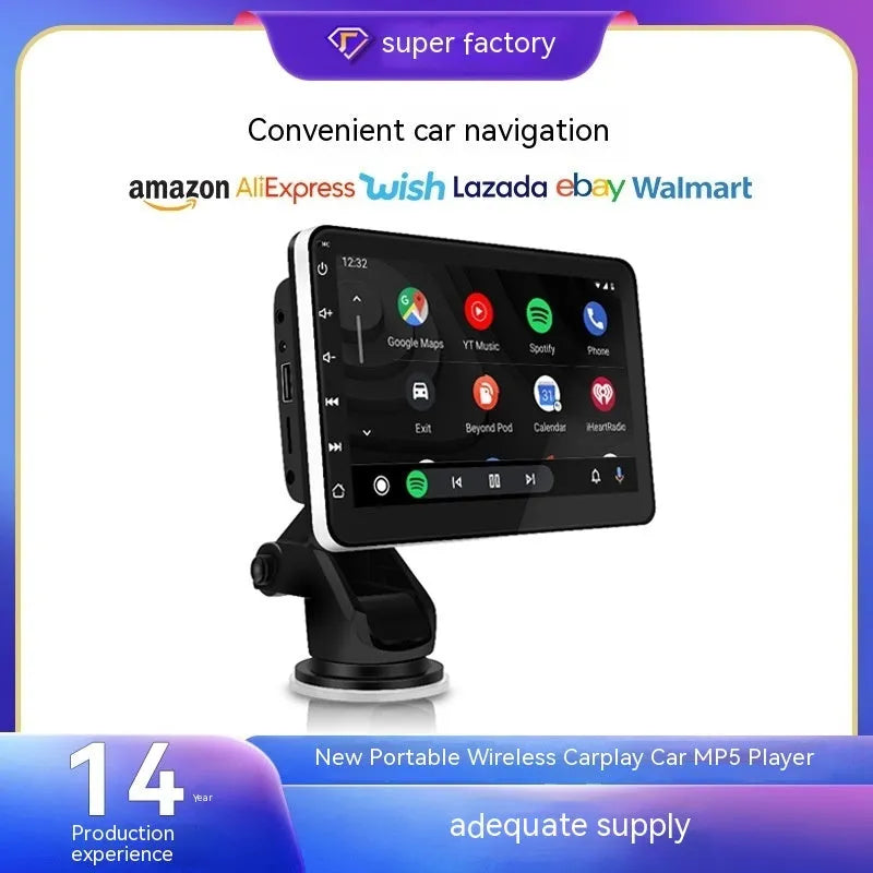 7 inch OLED car GPS navigation unit with Wireless CarPlay on a universal dashboard mount