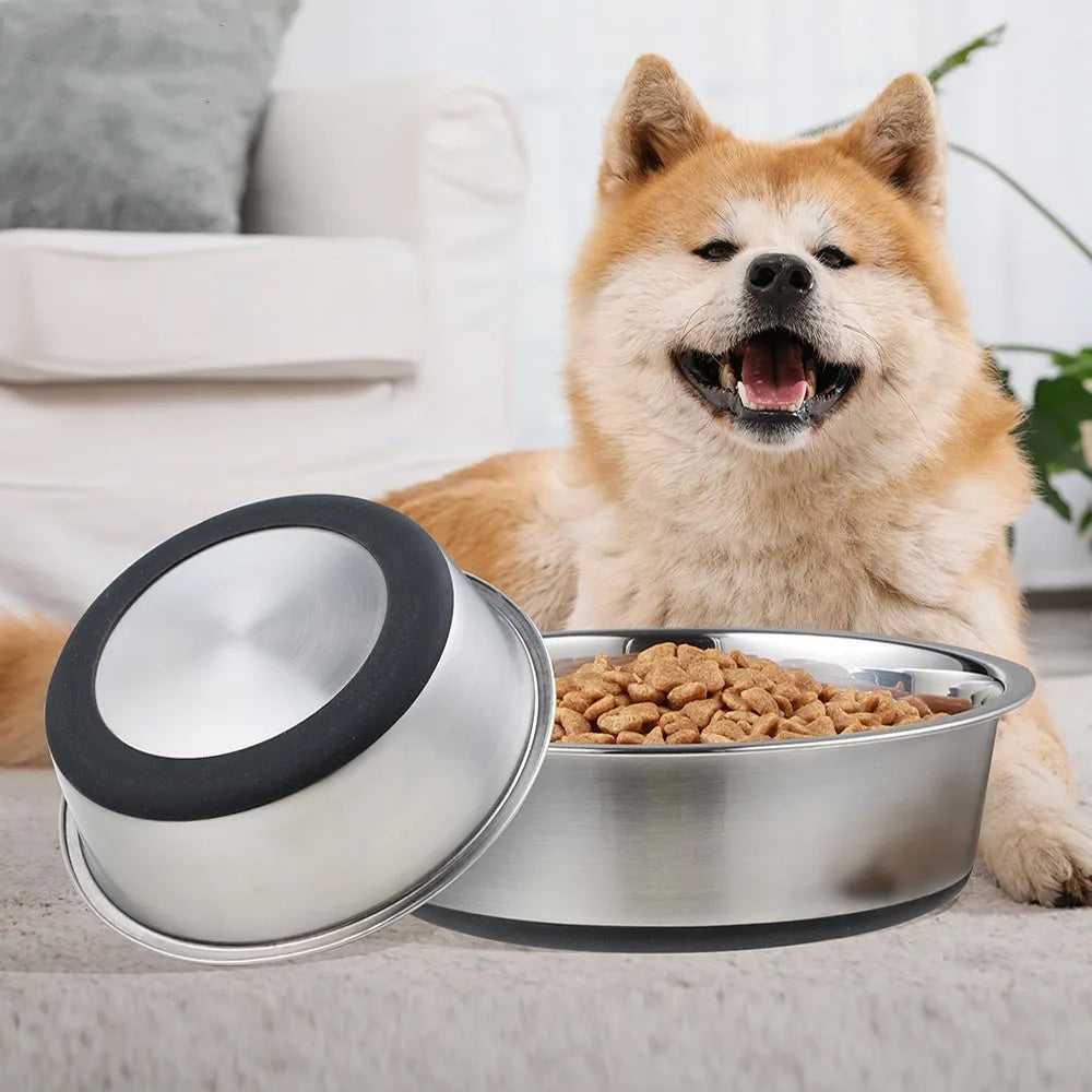 Silicone pet bowl with stainless steel interior and anti-slip base in blue colour 22cm size