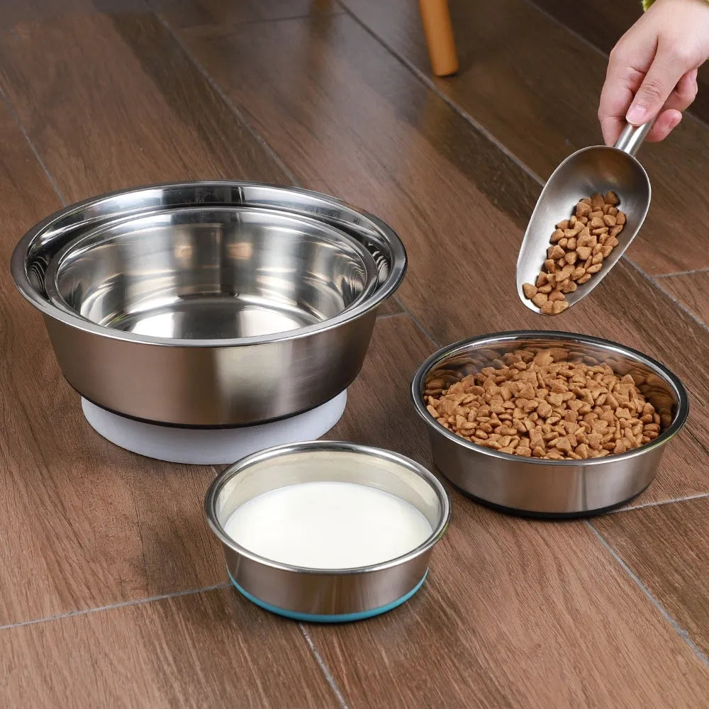 Silicone pet bowl with stainless steel interior and anti-slip base in blue colour 22cm size
