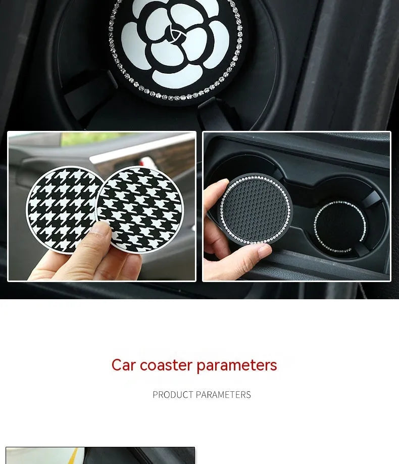 PVC plastic non-slip car cup holder mat coaster in checkerboard and camellia patterns