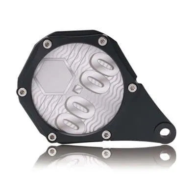 Black carbon fibre pattern motorcycle tax disc holder made of aluminium alloy with anti-theft screw.