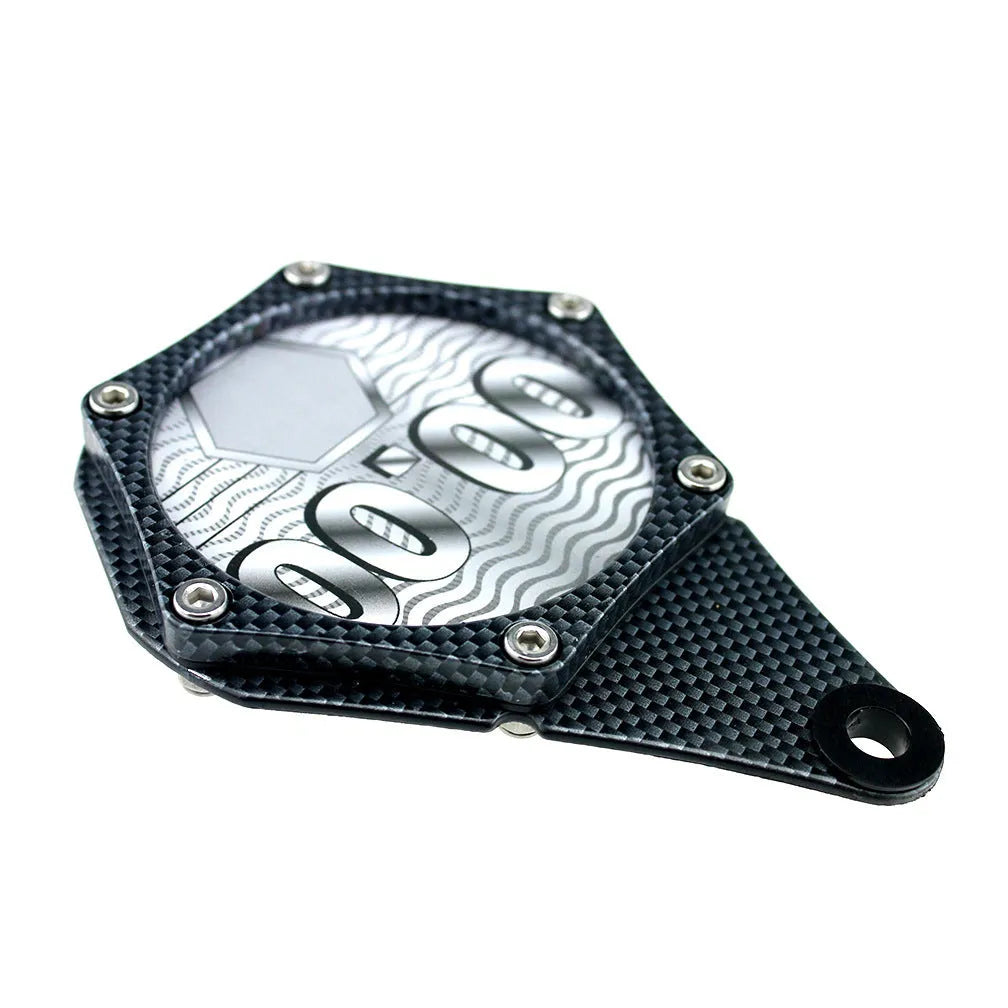 Black carbon fibre pattern motorcycle tax disc holder made of aluminium alloy with anti-theft screw.