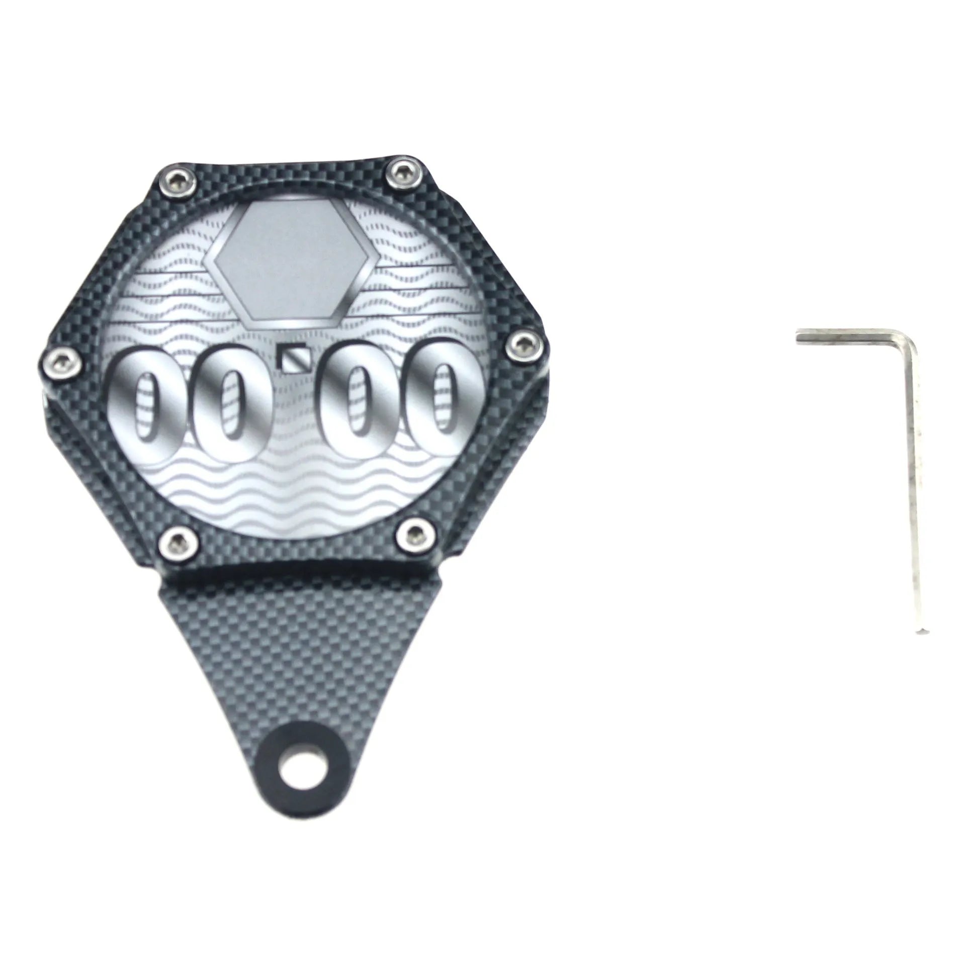Black carbon fibre pattern motorcycle tax disc holder made of aluminium alloy with anti-theft screw.