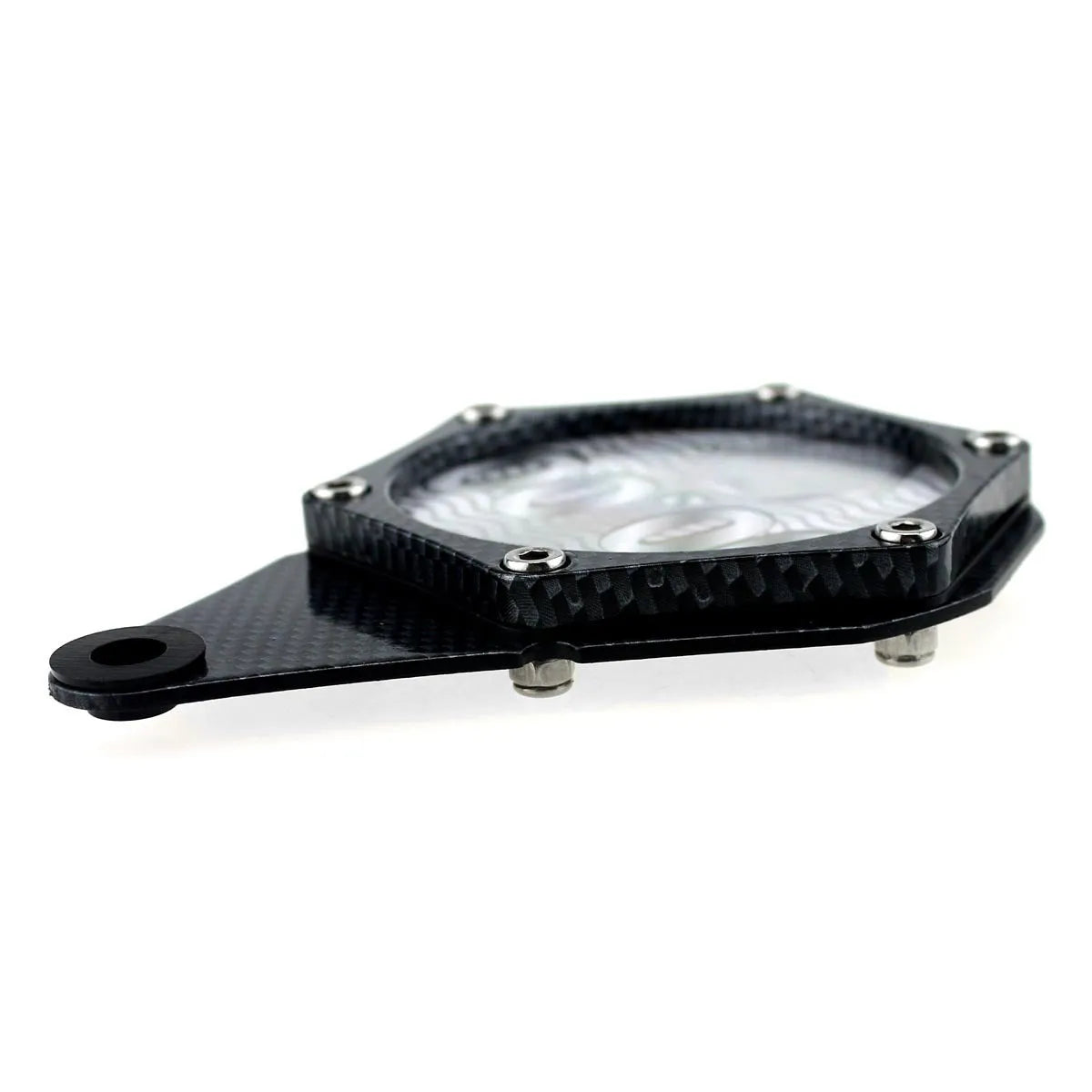 Black carbon fibre pattern motorcycle tax disc holder made of aluminium alloy with anti-theft screw.