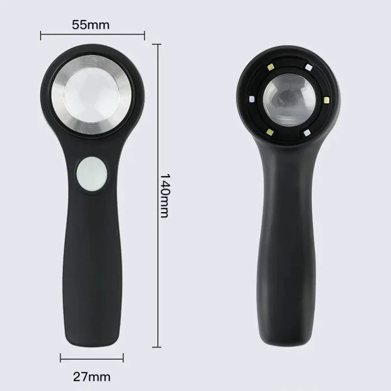 Black and silver metal jewellery appraisal magnifying glass with optical glass lens and USB-C cable.
