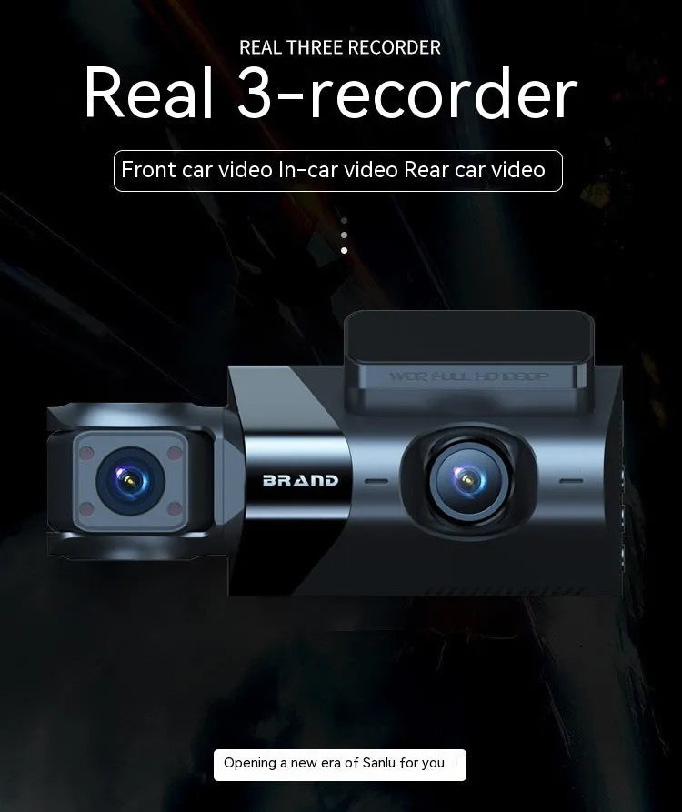 Black car dash cam with 5-inch screen for front, interior, and rear 2K recording with GPS.
