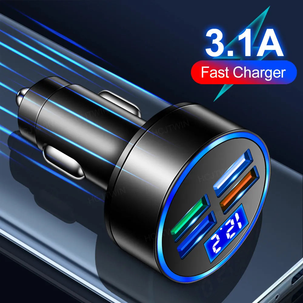 Black multi-port car charger for vehicles with 3100mA output current and 12-24V compatibility