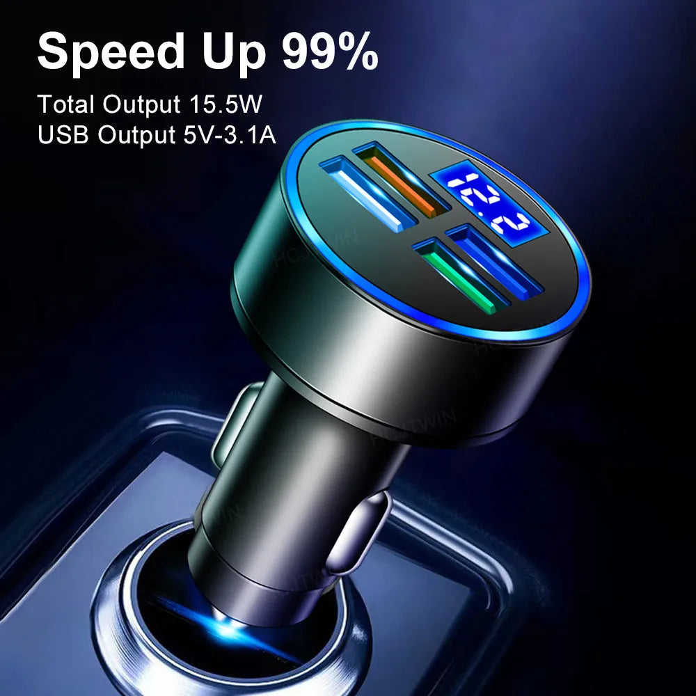 Black multi-port car charger for vehicles with 3100mA output current and 12-24V compatibility