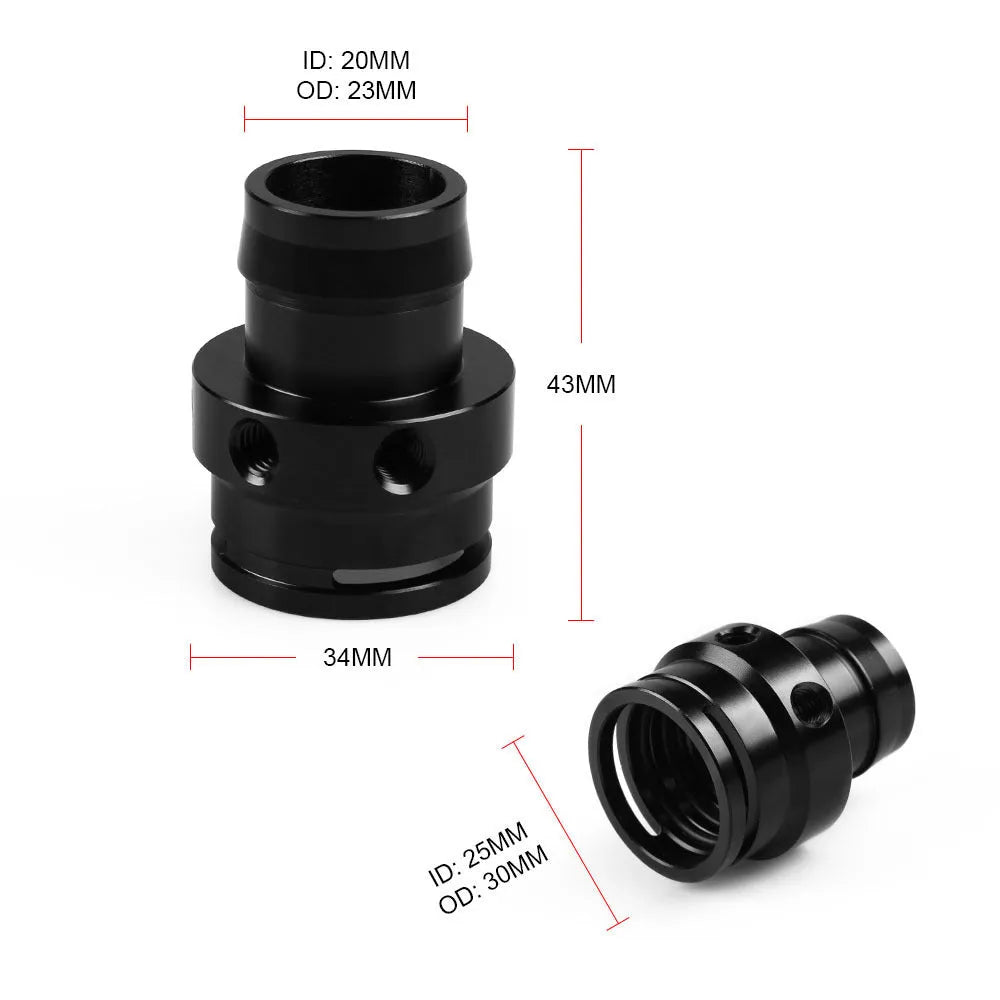 Black titanium alloy vacuum adapter tee with three 10mm threaded ports for engine vacuum lines.