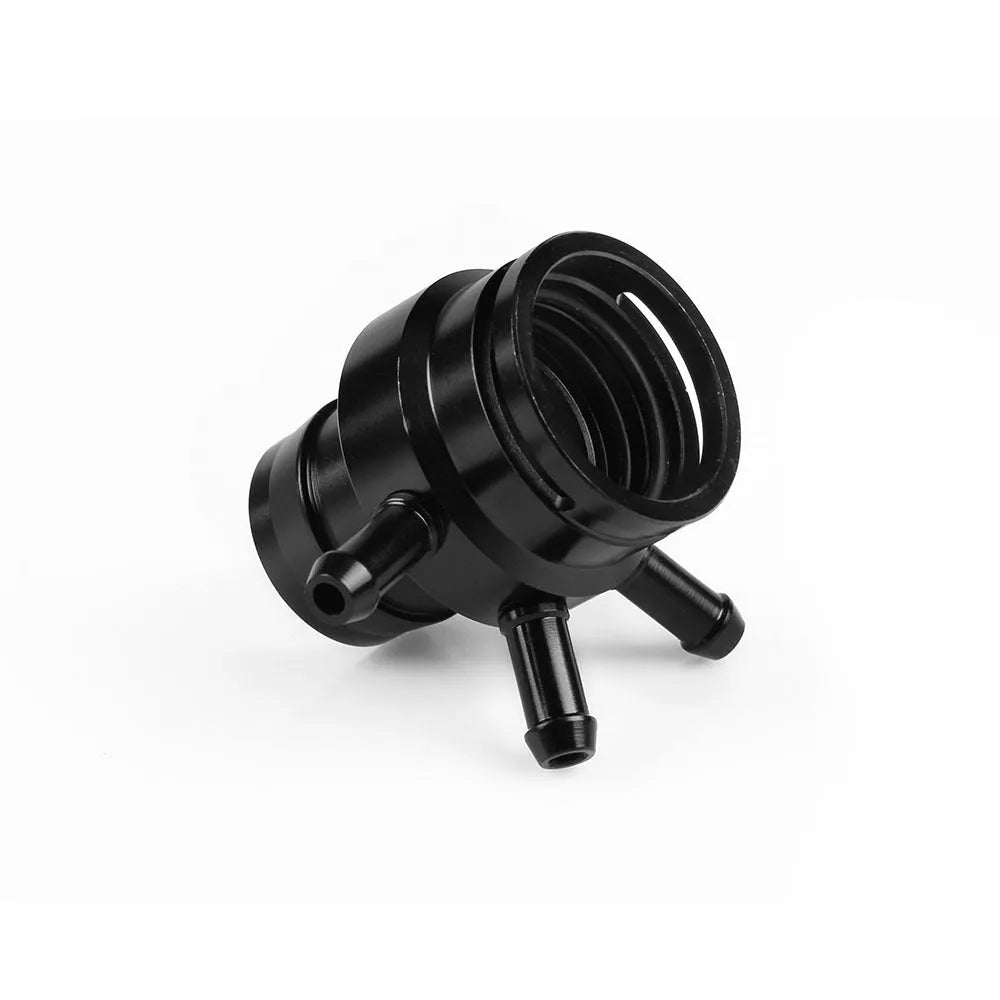 Black titanium alloy vacuum adapter tee with three 10mm threaded ports for engine vacuum lines.