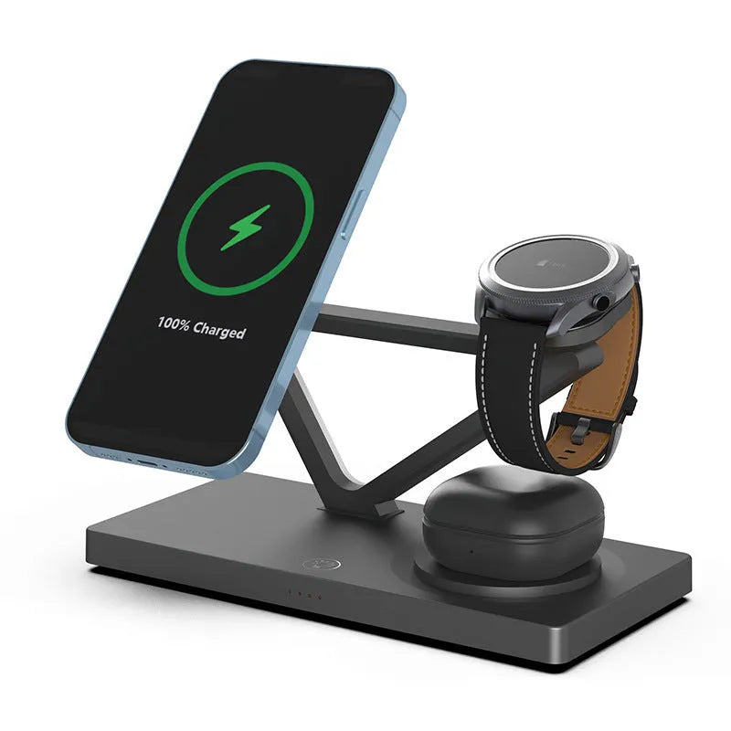 Black and white five-in-one wireless charging station with magnetic phone bracket, watch charger, and night light on wooden surface