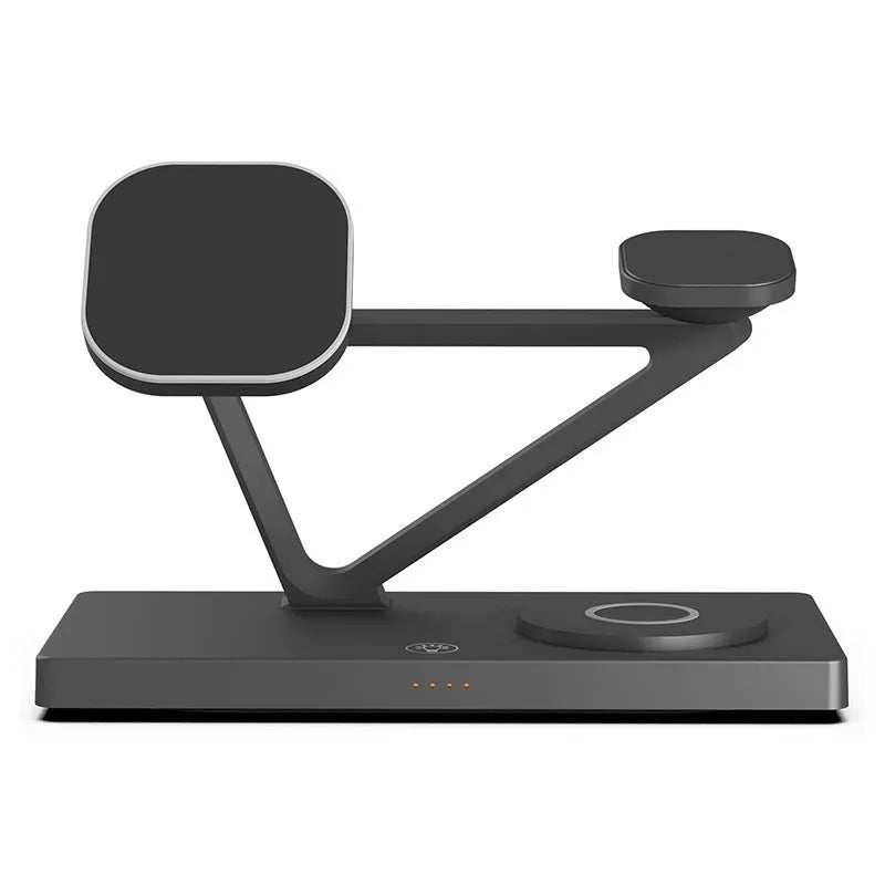 Black and white five-in-one wireless charging station with magnetic phone bracket, watch charger, and night light on wooden surface