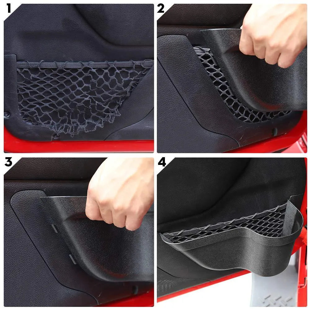 Black aluminium alloy car interior storage box with net pocket for behind-seat organisation
