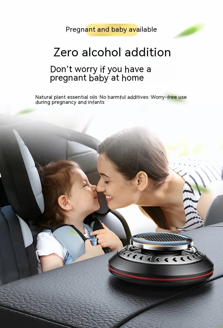 Solar-powered car air freshener with aluminium alloy housing in black colour option