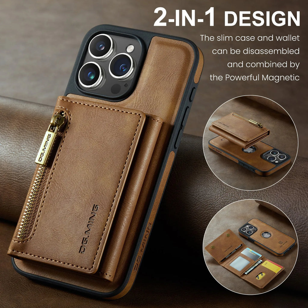 PU wireless charging phone case with magnetic card holder for Apple iPhone 11-15 series, retro style, M5 combination colour option