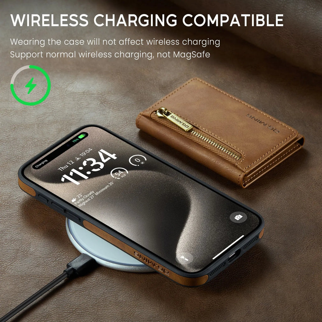 PU wireless charging phone case with magnetic card holder for Apple iPhone 11-15 series, retro style, M5 combination colour option