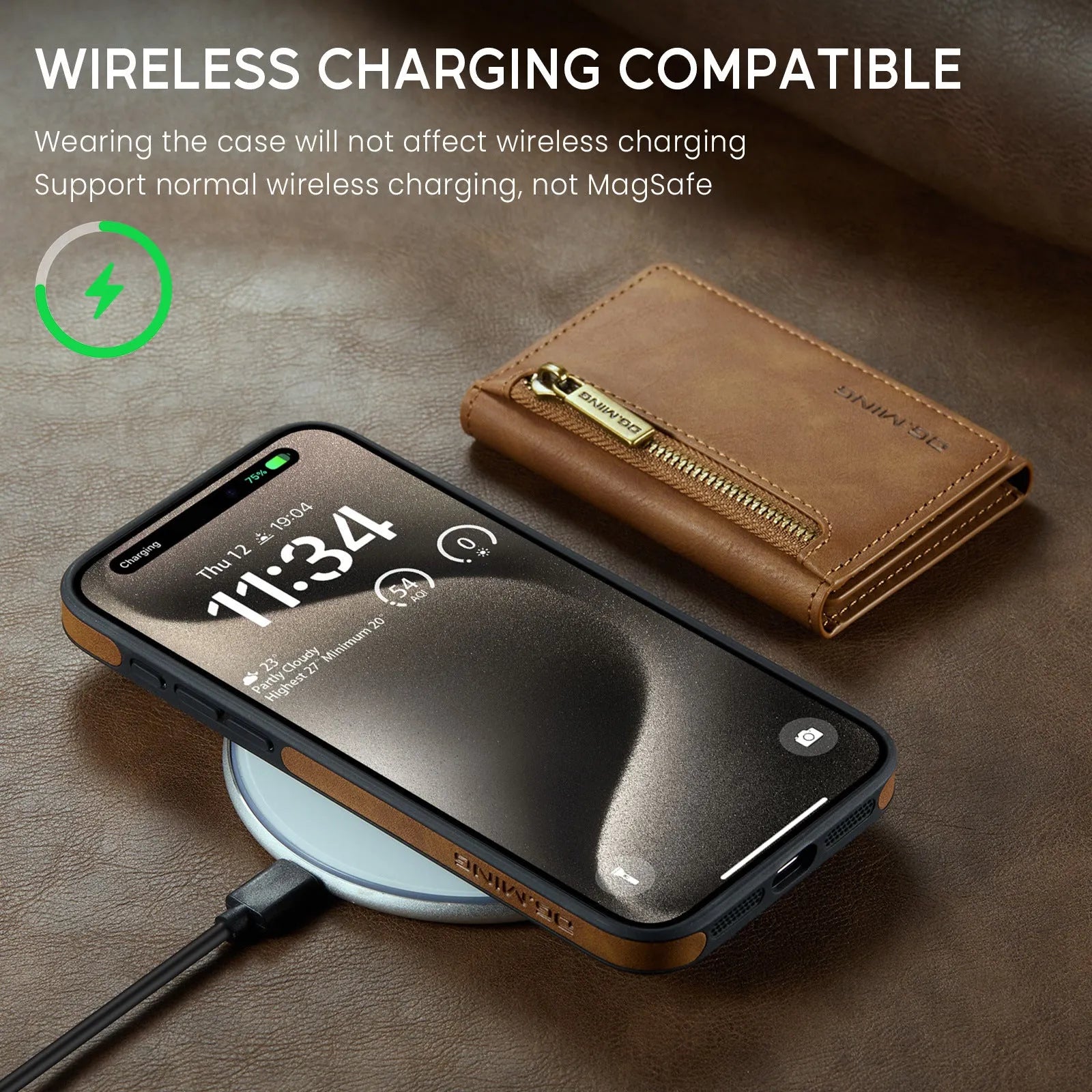 PU wireless charging phone case with magnetic card holder for Apple iPhone 11-15 series, retro style, M5 combination colour option