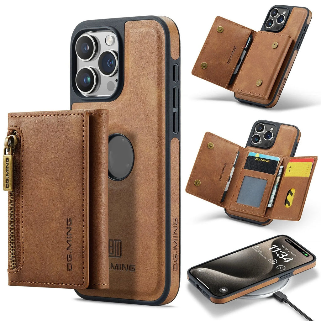 PU wireless charging phone case with magnetic card holder for Apple iPhone 11-15 series, retro style, M5 combination colour option