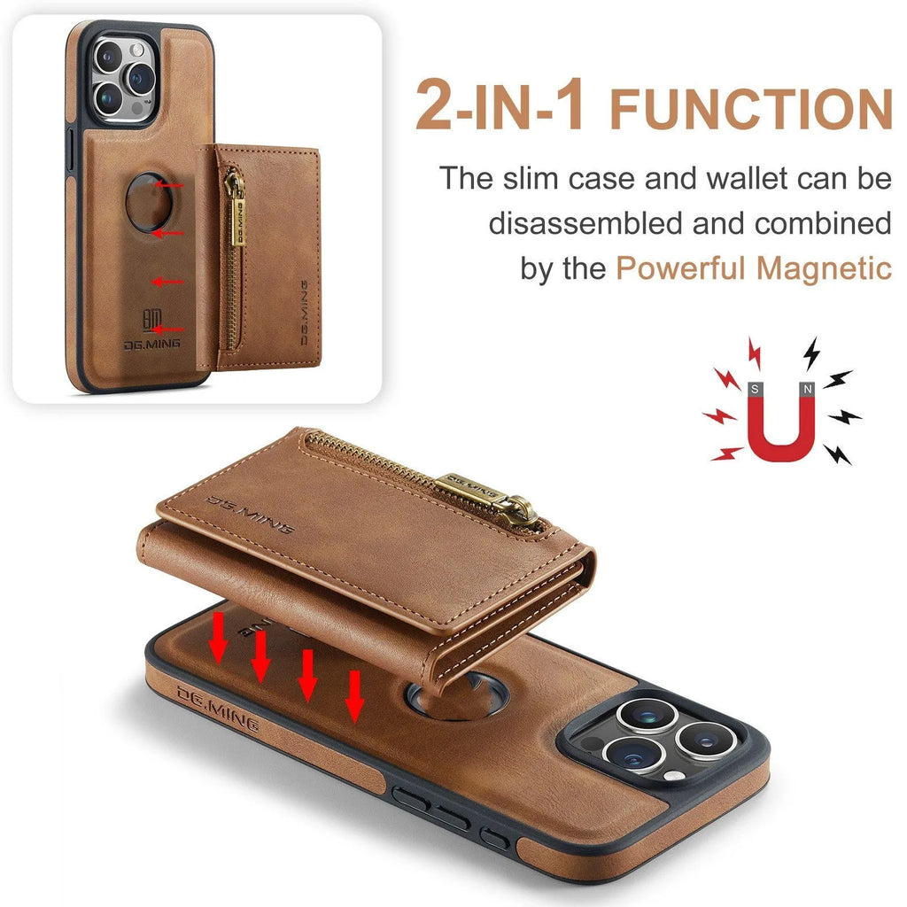 PU wireless charging phone case with magnetic card holder for Apple iPhone 11-15 series, retro style, M5 combination colour option