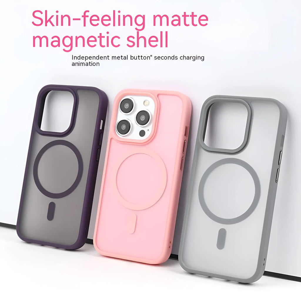 Matte skin-feel magnetic phone case with cherry blossom pink finish for Apple iPhone showing rear camera cutout