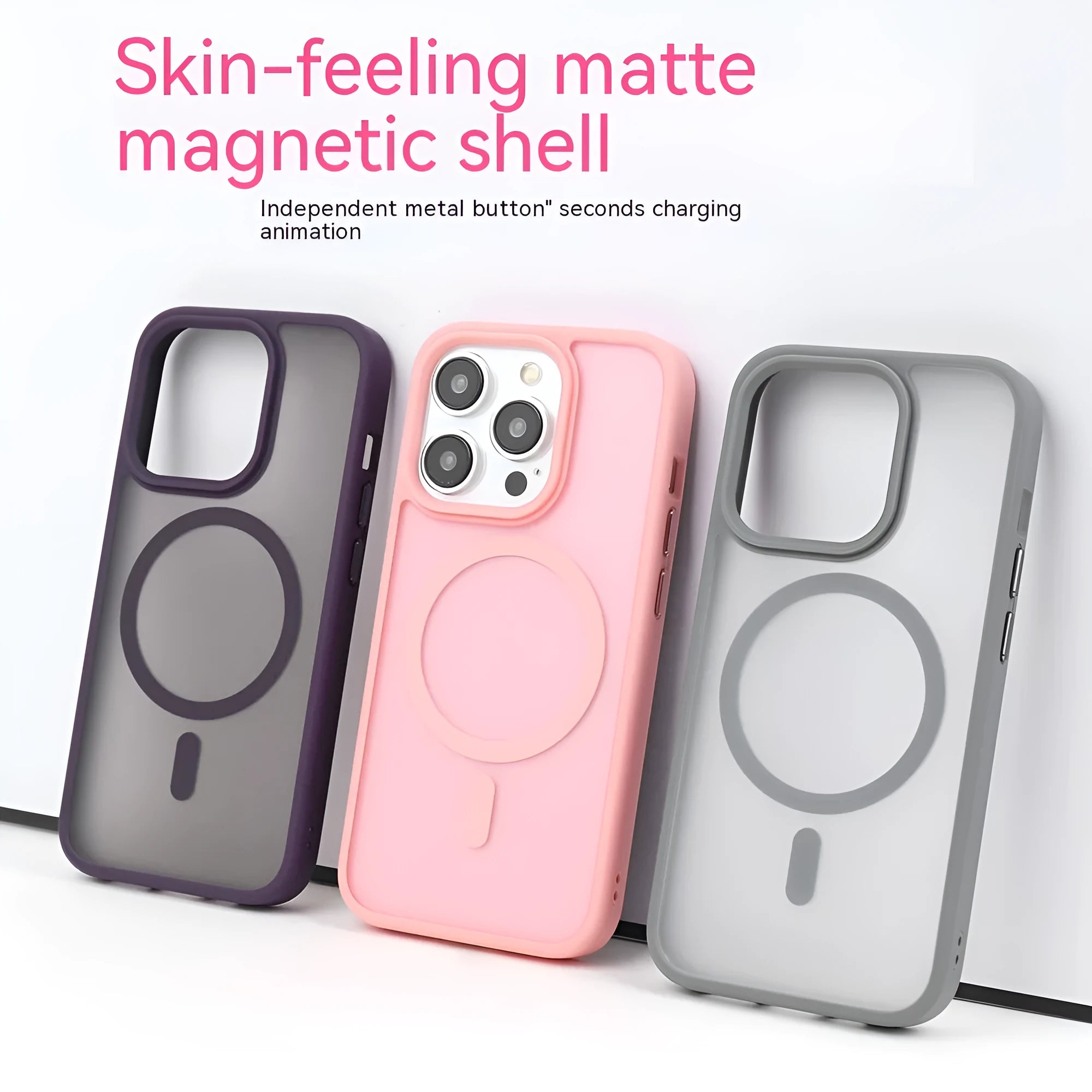 Matte skin-feel magnetic phone case with cherry blossom pink finish for Apple iPhone showing rear camera cutout
